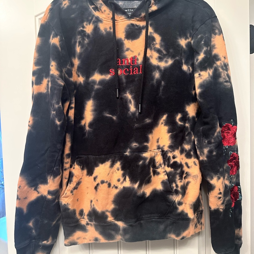 Antisocial Rose Hoodie. Black and Tan Tie-Dye Hoodie with Red Embroidery